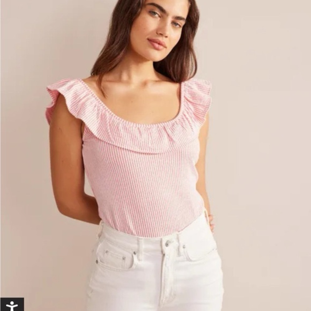 Boden Pink Seersucker Frill Stripe Top, 8